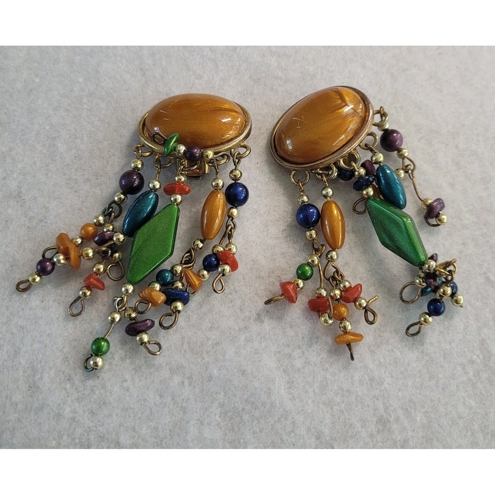 Multicolor Beaded Clip On Earrings Amber Cabochon Gold Tone Boho Maximalist